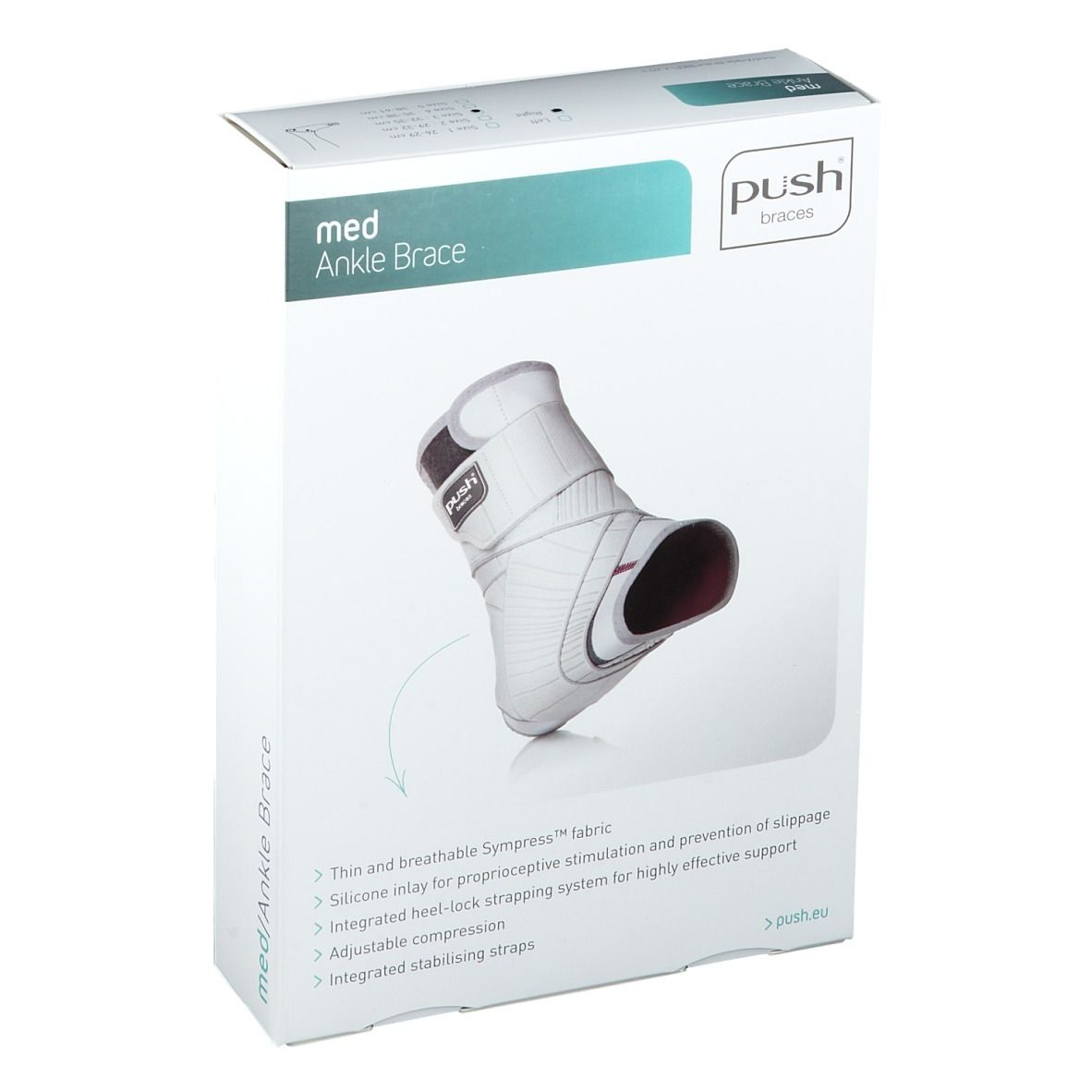 Attelle de cheville dans son emballage. Marque Push. Blanche, avec fermetures velcro. "med Ankle Brace" sur l'emballage.