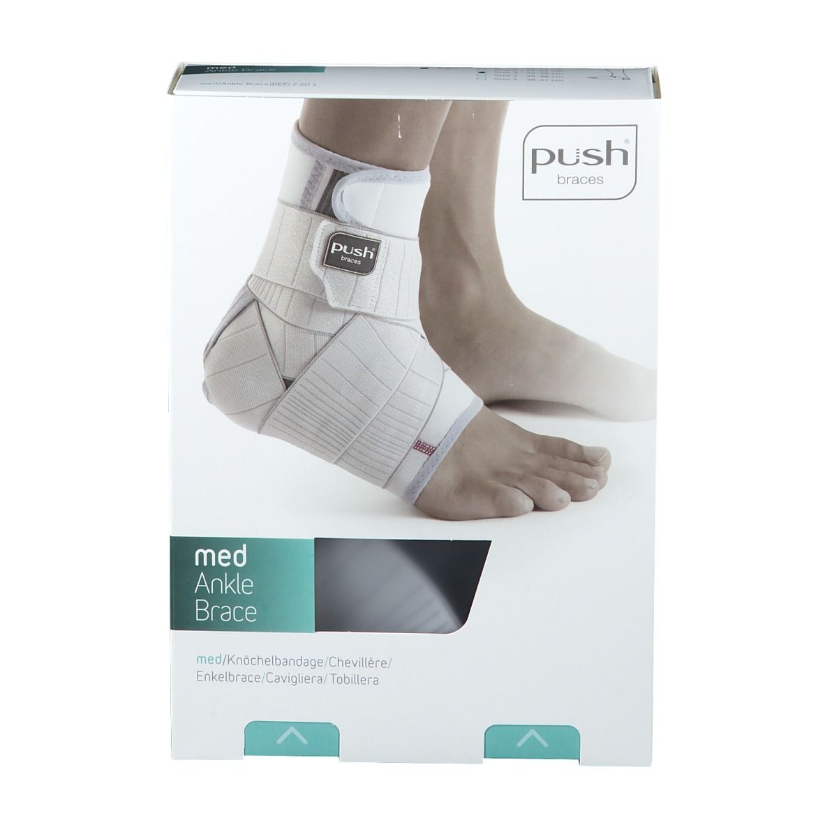 Attelle de cheville dans son emballage. Marque Push. Blanche, avec fermetures velcro. "med Ankle Brace" sur l'emballage.