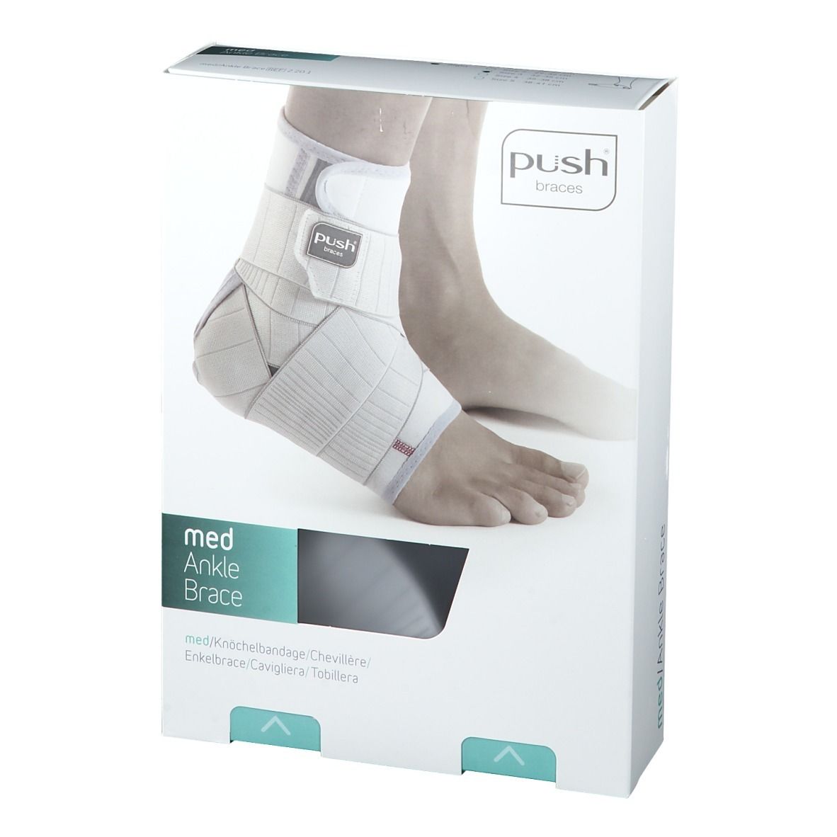 Attelle de cheville dans son emballage. Marque Push. Blanche, avec fermetures velcro. "med Ankle Brace" sur l'emballage.