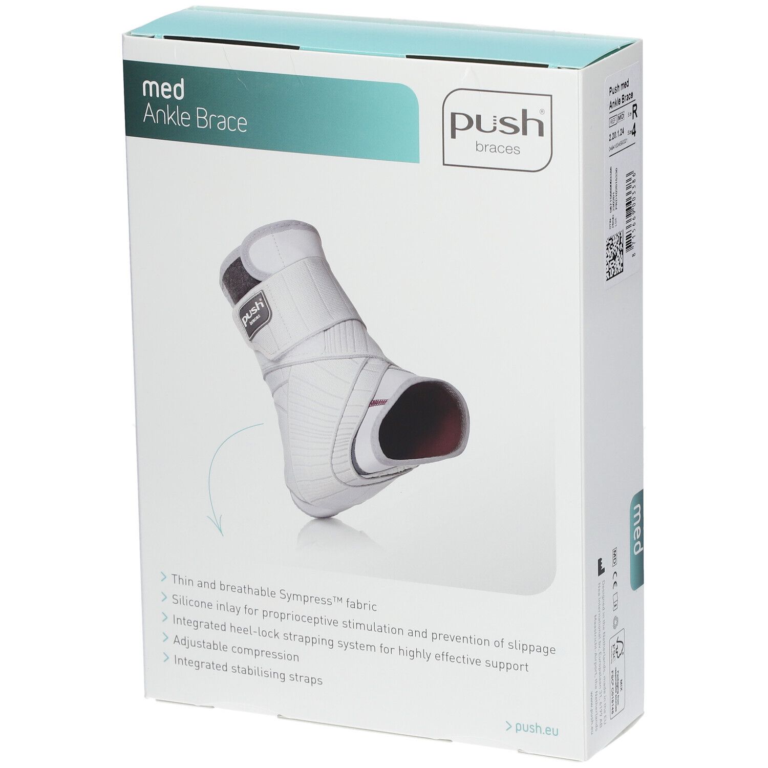 Push Med Attelle de cheville droite dans son emballage. Image du produit avec caractéristiques: respirant, silicone, etc.