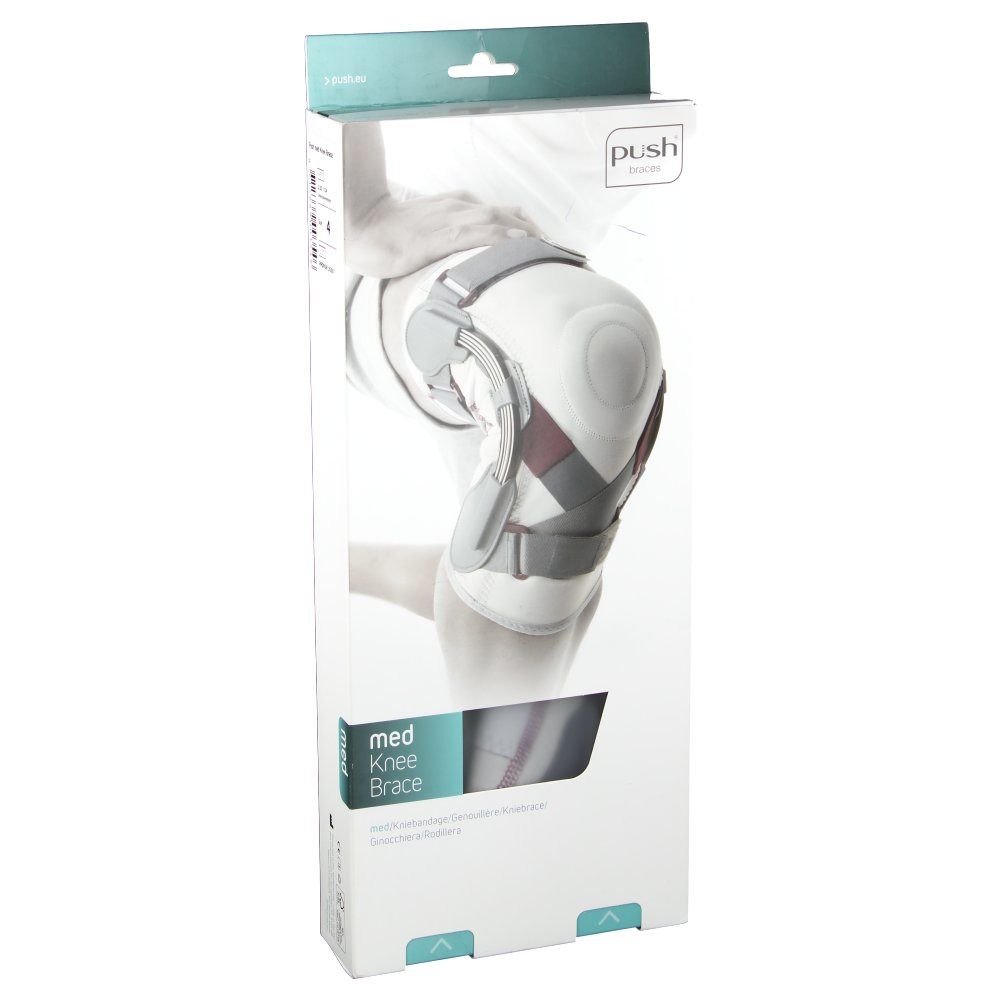 Emballage d'une genouillère. Nom du produit: med Knee Brace. Marque Push.