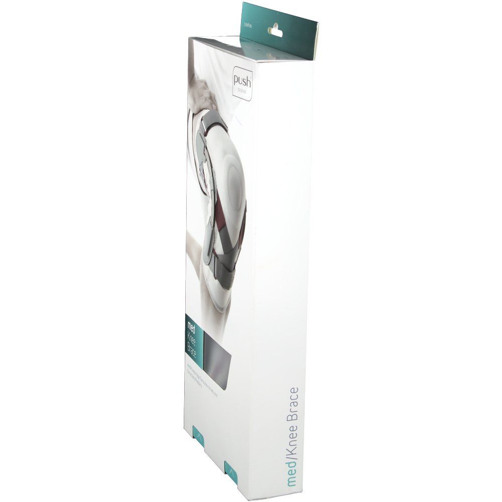 Vue latérale de l'emballage d'une genouillère. Nom du produit: med Knee Brace. Marque Push.