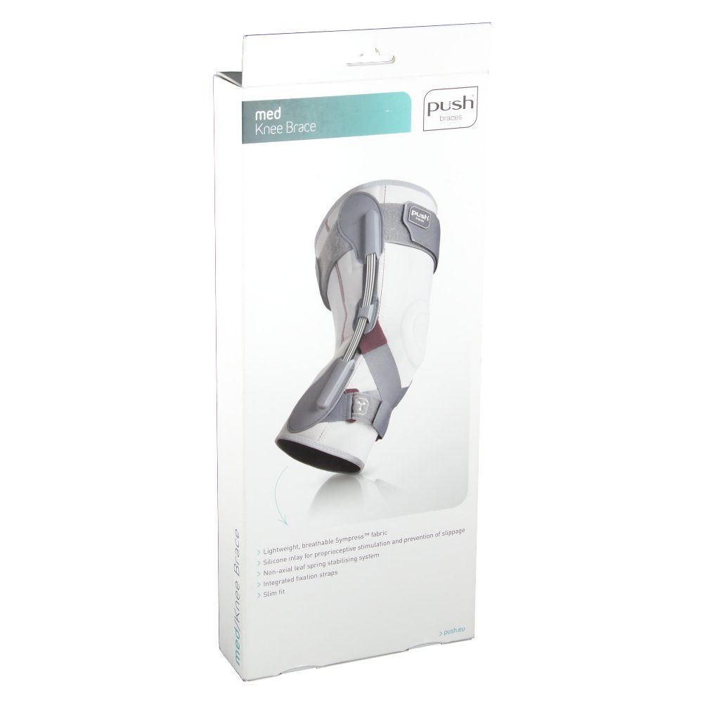 Emballage d'une genouillère. Nom du produit: med Knee Brace. Marque Push.