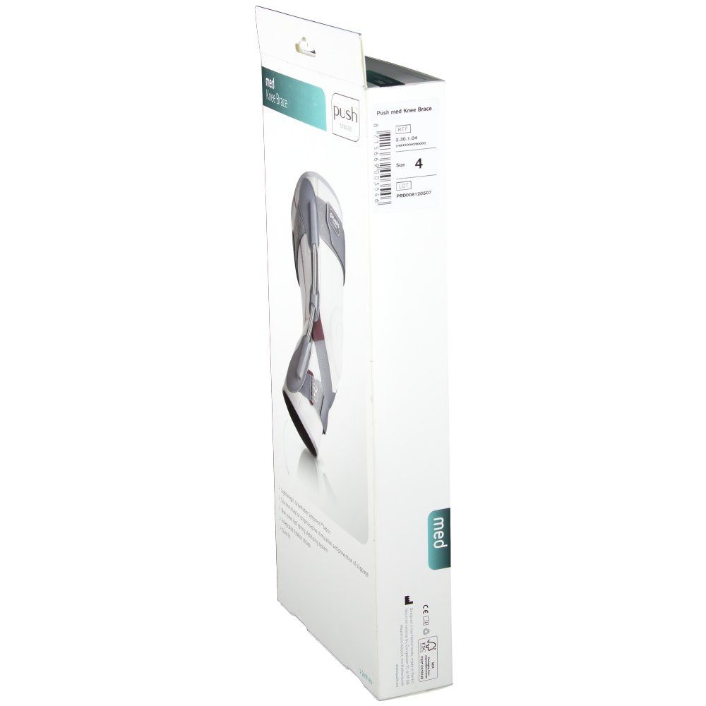 Emballage d'une genouillère. Nom du produit: med Knee Brace. Marque Push. Taille 4.