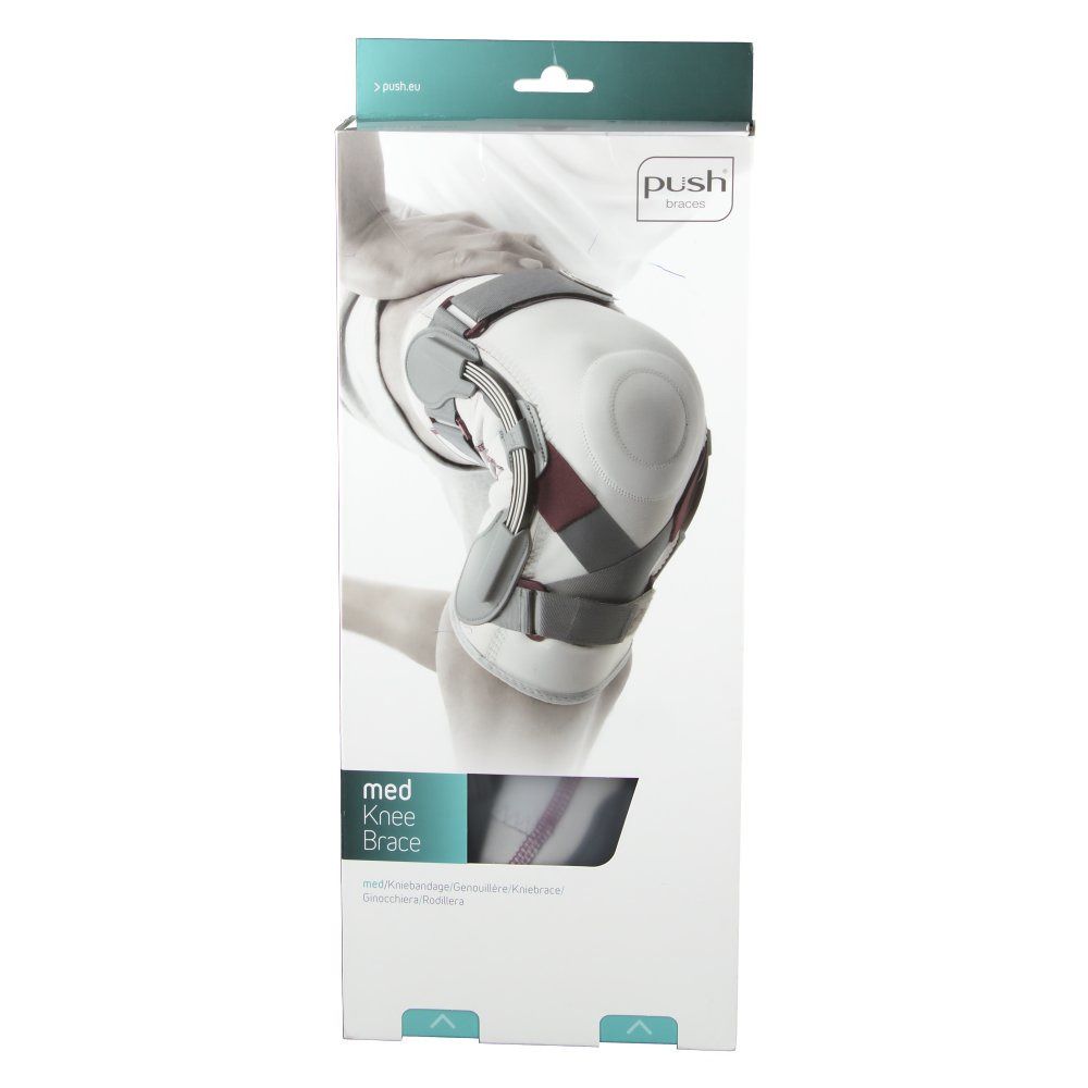 Emballage d'une genouillère. Nom du produit: med Knee Brace. Marque Push.