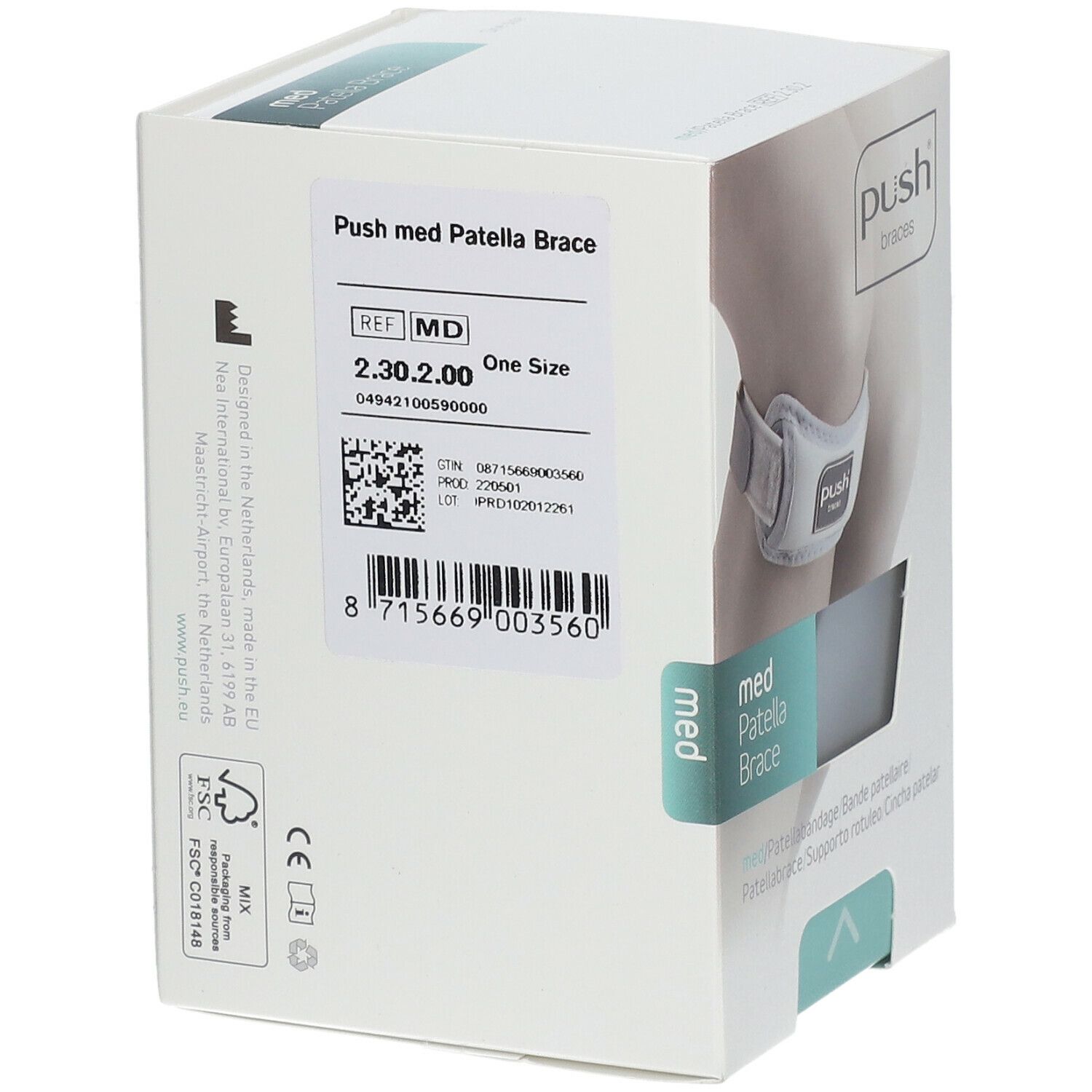 Emballage de l'attelle rotulienne Push med. Inscription : Push braces, med Patella Brace. Informations produit au dos.