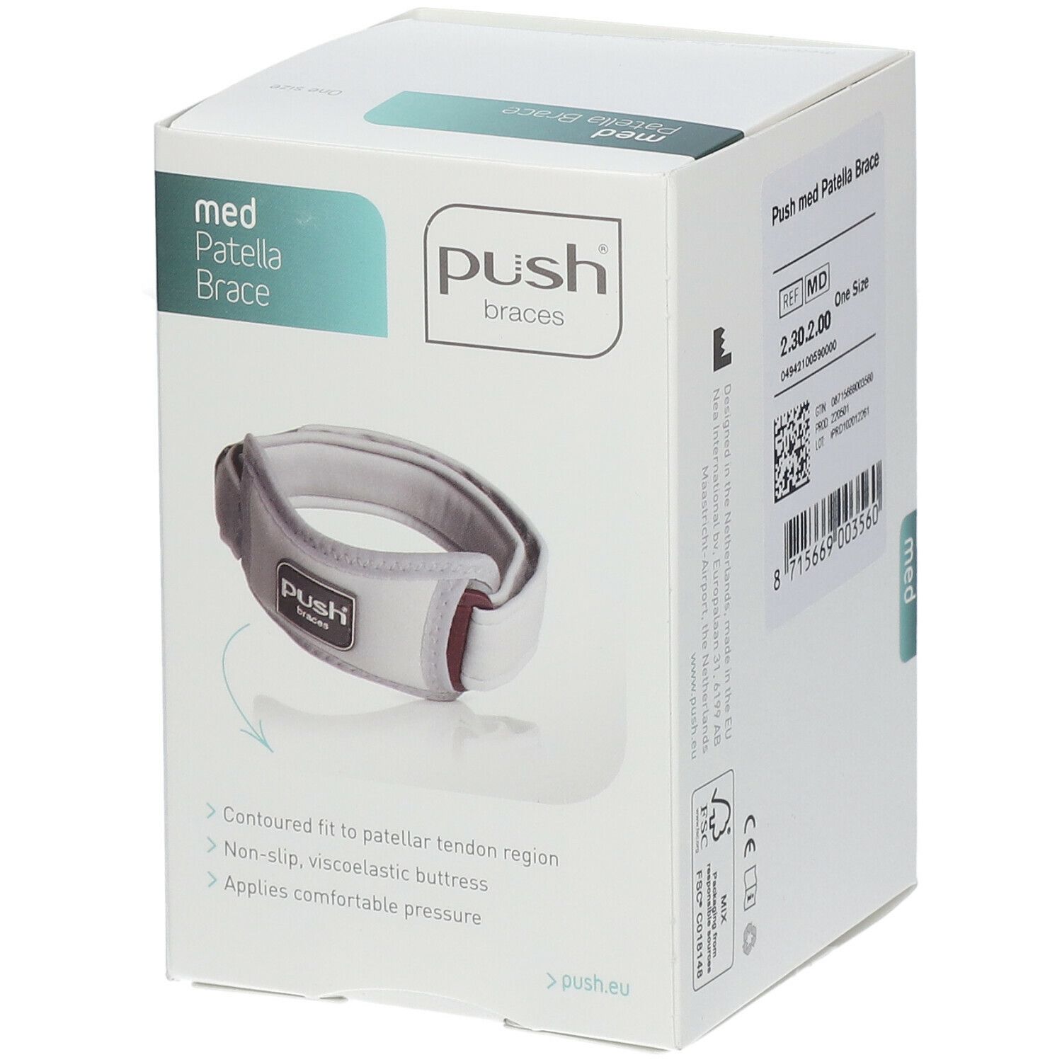 Emballage de l'attelle rotulienne Push med. Inscription : Push braces, med Patella Brace. Image du produit.