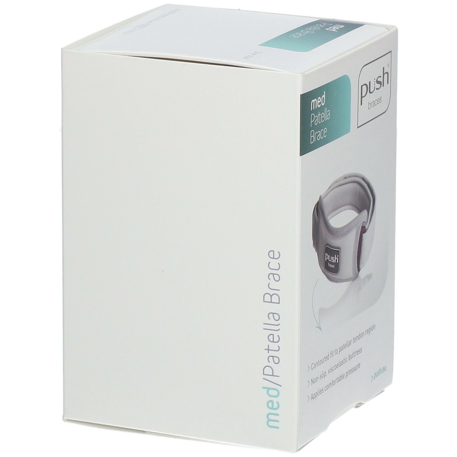 Emballage de l'attelle rotulienne Push med. Inscription : med Patella Brace. Image du produit.