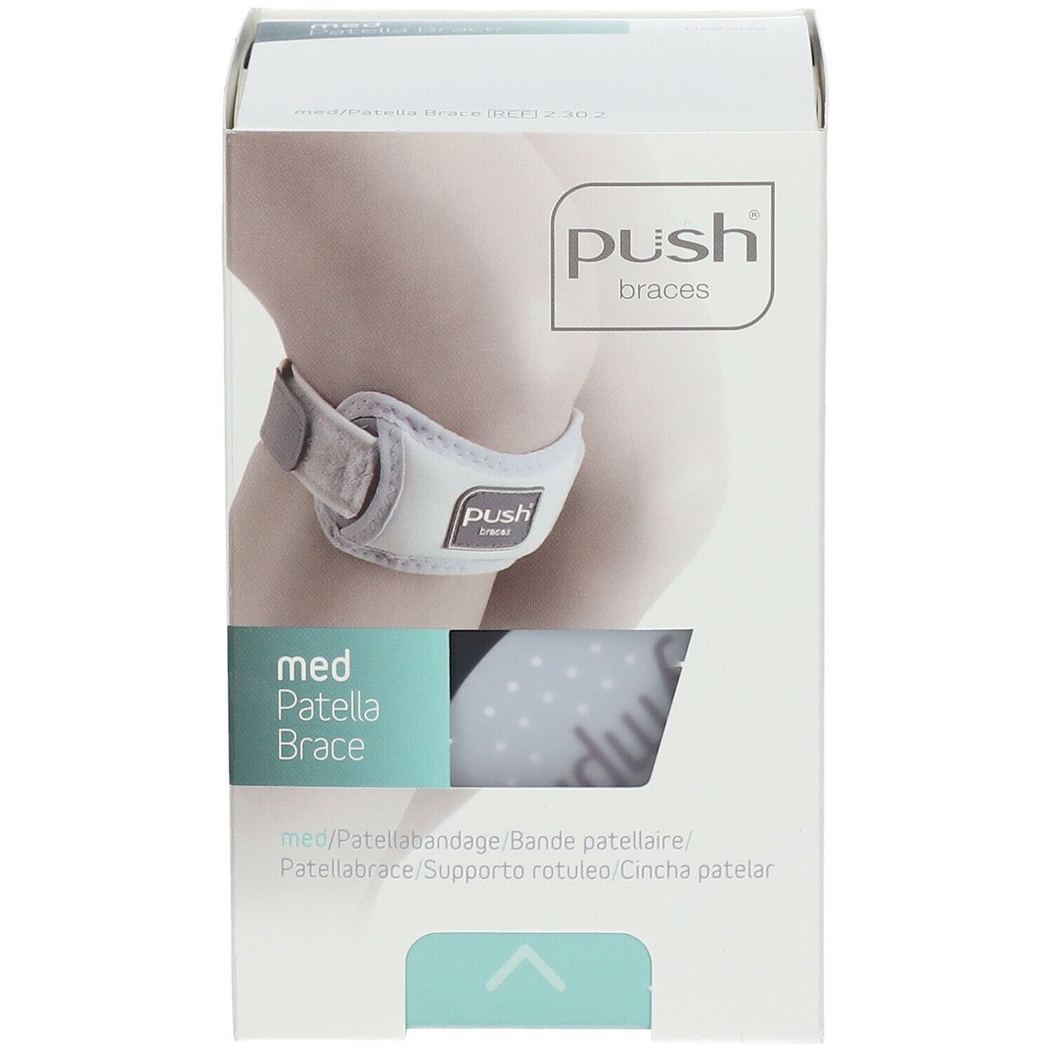 Emballage de l'attelle rotulienne Push med. Inscription : med Patella Brace. Image du produit sur un genou.