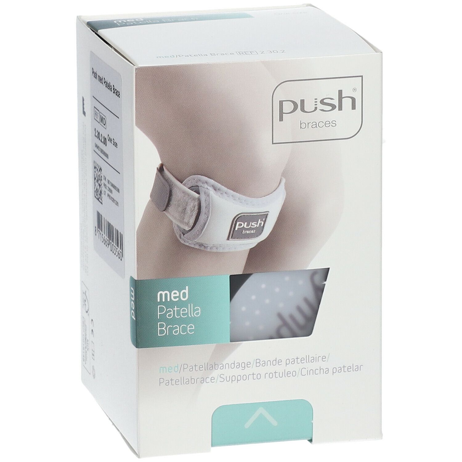 Emballage de l'attelle rotulienne Push med. Inscription : Push braces, med Patella Brace. Image du produit sur un genou.