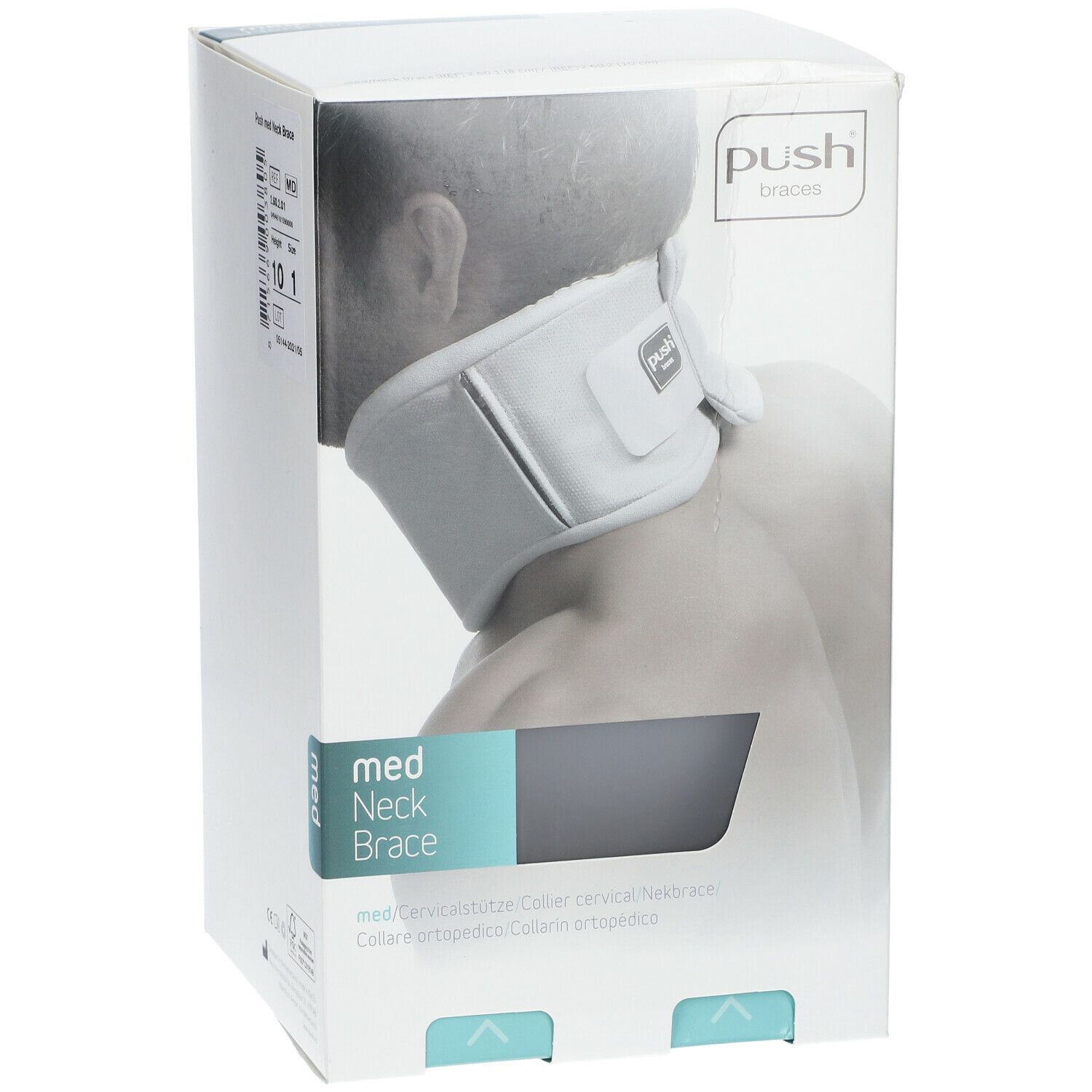 Emballage Push Med Collier Cervical. L'emballage montre une personne portant le collier. Inscription: med Neck Brace. Marque: Push.