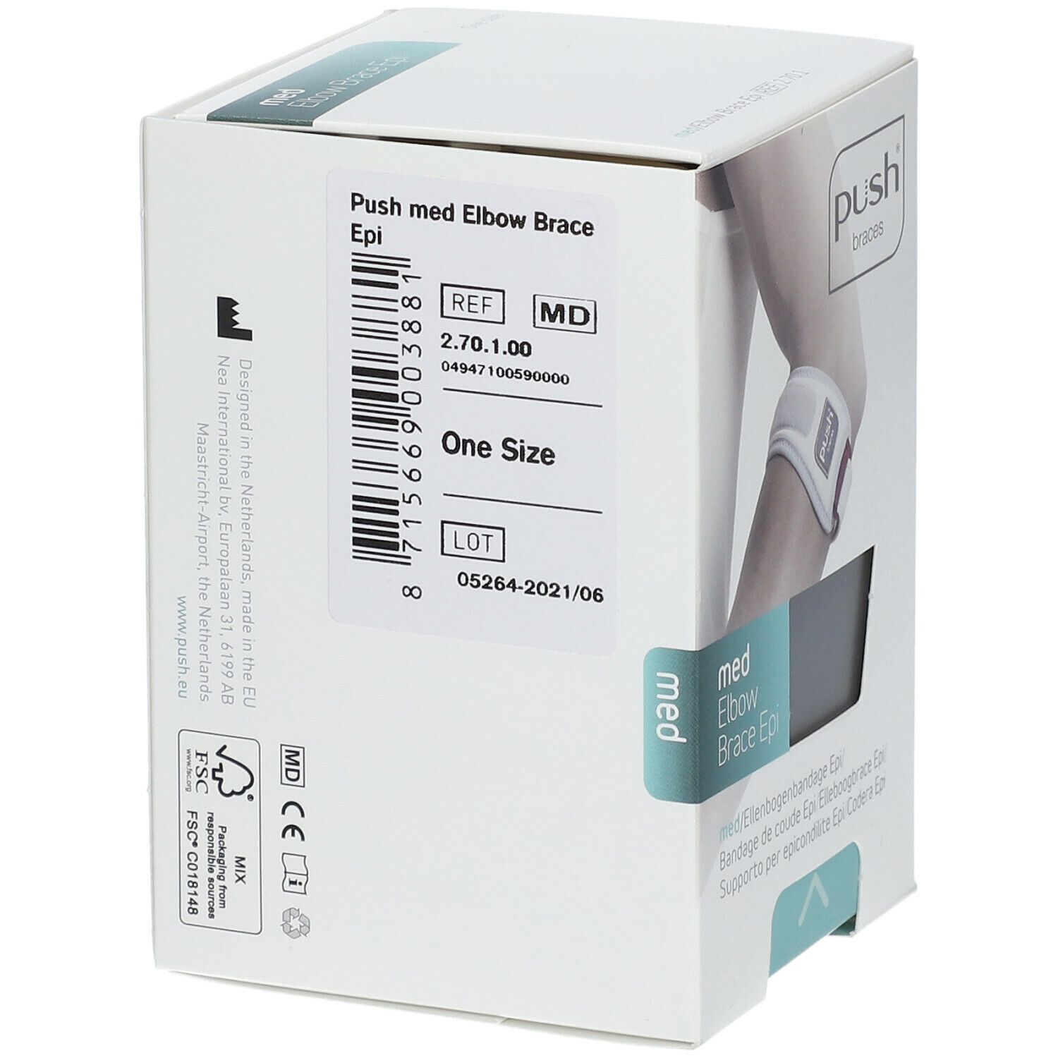 Verpackung der Push Med Ellenbogenbandage Epi. Aufdruck: Push med Elbow Brace Epi. Barcode, REF, MD, One Size, LOT.