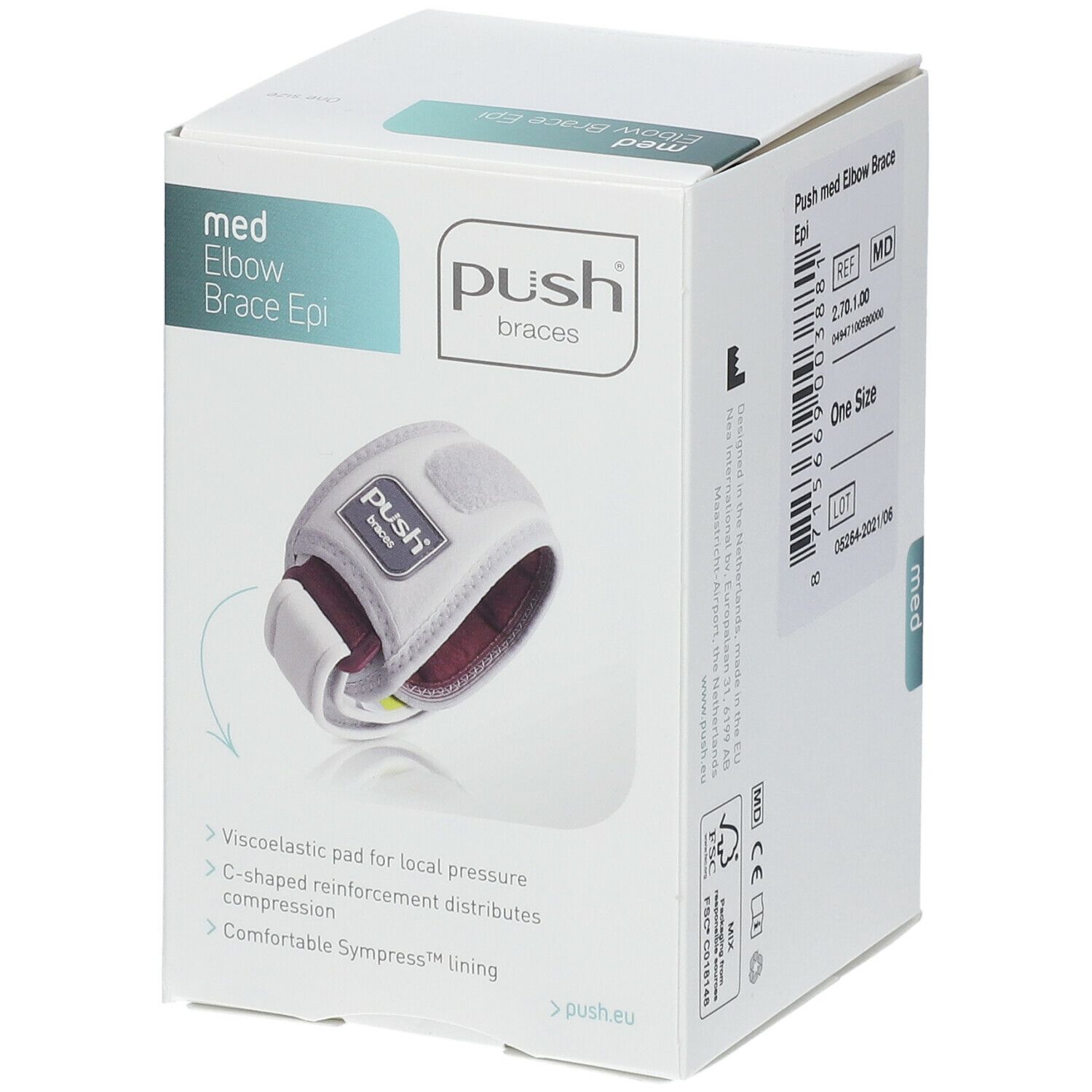 Verpackung der Push Med Ellenbogenbandage Epi. Aufdruck: med Elbow Brace Epi. Produktabbildung. Text: Viskoelastisches Pad, C-förmige Verstärkung.