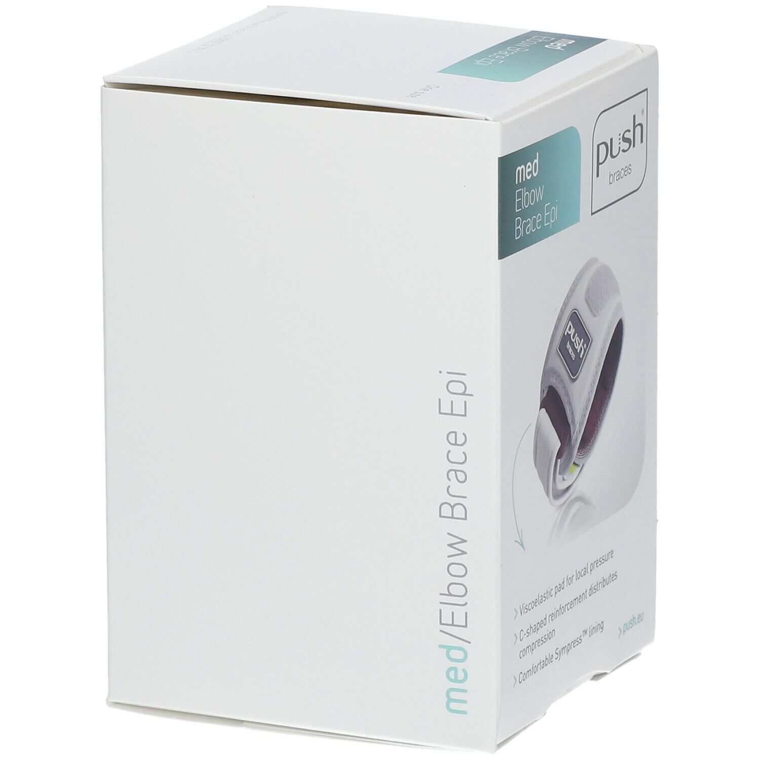 Verpackung der Push Med Ellenbogenbandage Epi. Aufdruck: med Elbow Brace Epi. Produktabbildung. Text: Viskoelastisches Pad, C-förmige Verstärkung.
