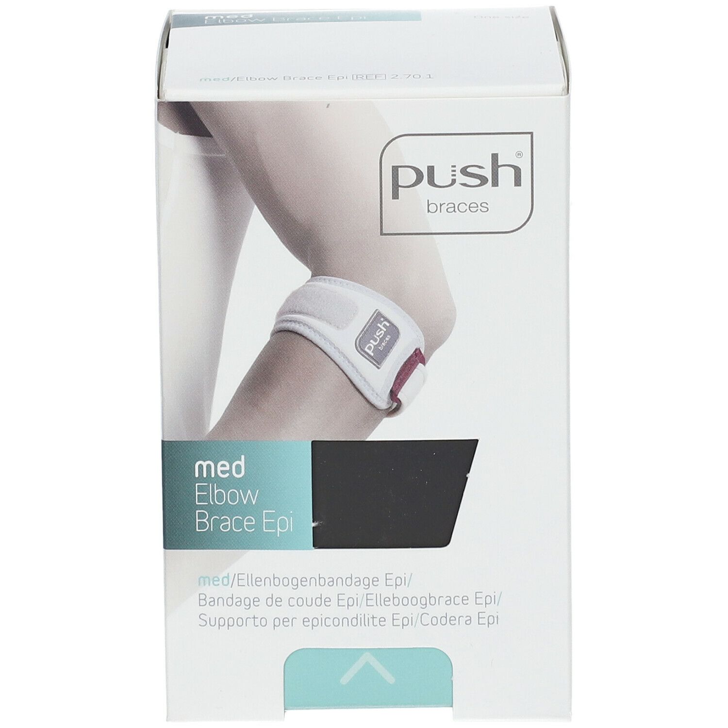 Verpackung der Push Med Ellenbogenbandage Epi. Aufdruck: med Elbow Brace Epi. Abbildung eines Ellenbogens mit Bandage.