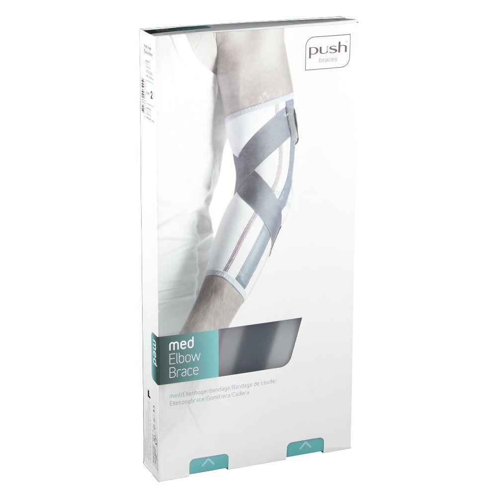 Emballage de l'attelle de coude. Nom du produit : med Elbow Brace. Marque : push. Illustration de l'attelle.