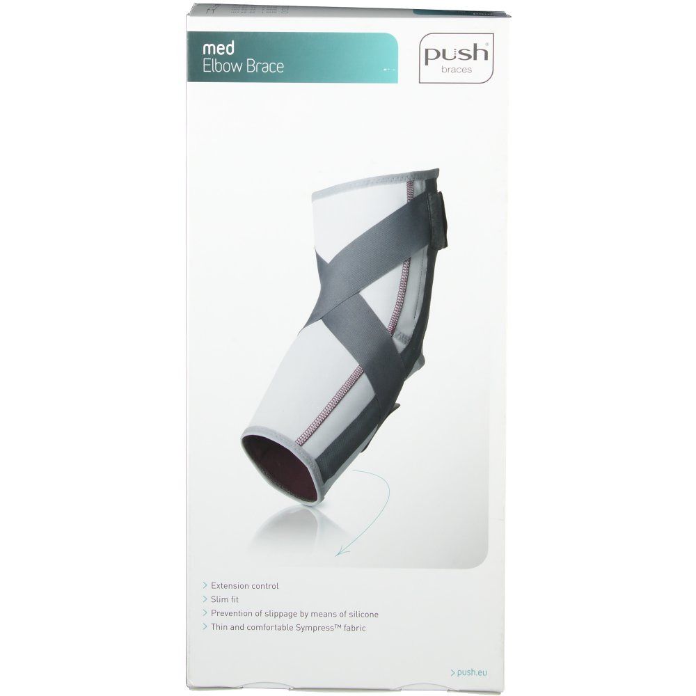 Verpackung der Ellbogenbandage. Produktname: med Elbow Brace. Marke: push braces. Bandage abgebildet.
