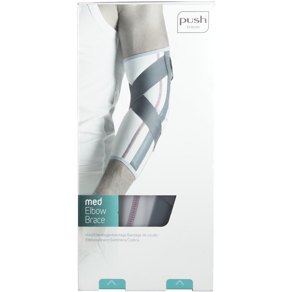 Verpackung mit Ellbogenbandage. Produktname: med Elbow Brace. Marke: push braces. Bandage am Arm abgebildet.