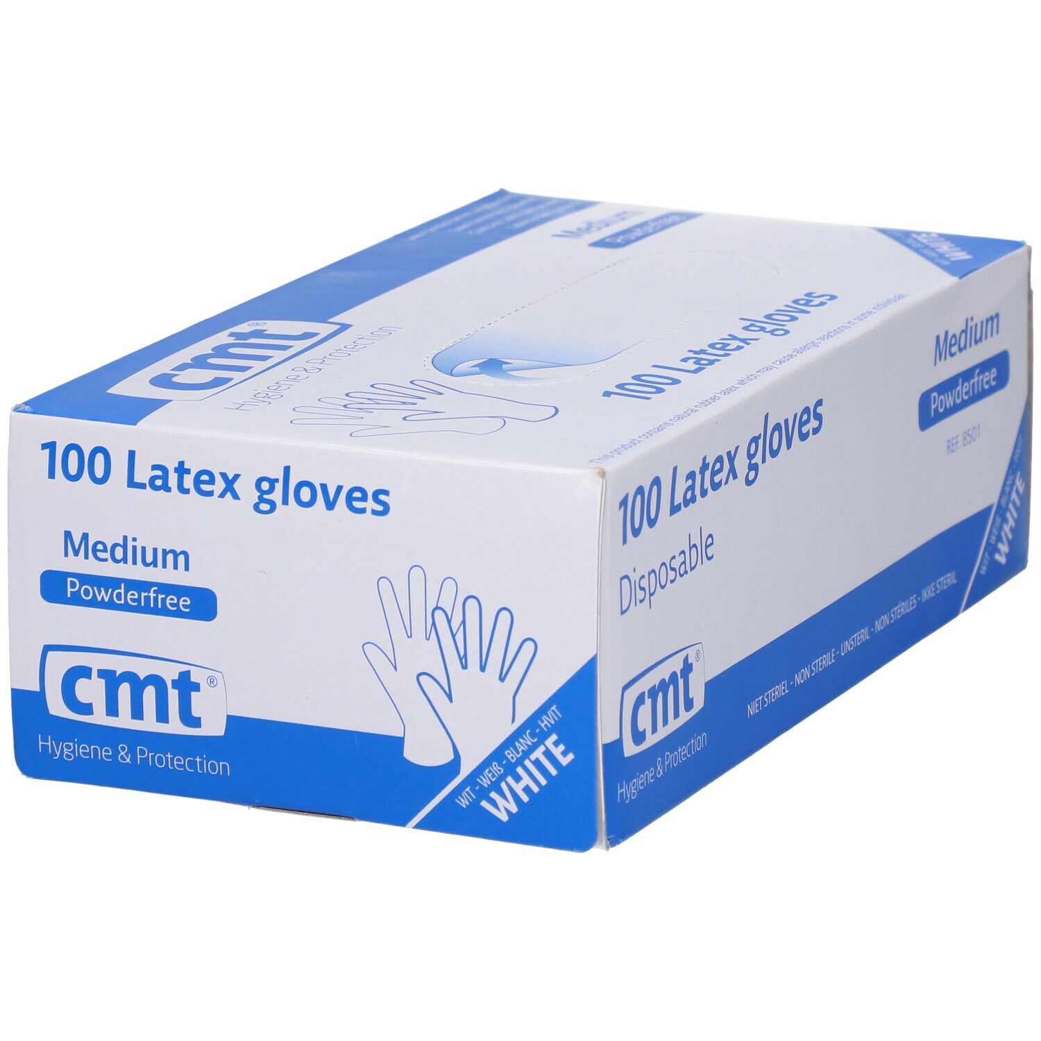 Boîte de 100 gants en latex, sans poudre, Medium, blancs. Marque cmt. Inscription: Disposable.