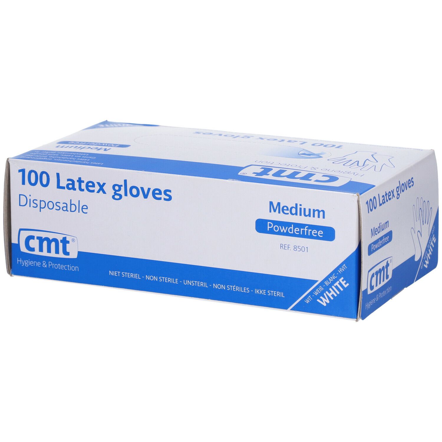 Boîte de 100 gants en latex, sans poudre, Medium, blancs. Marque cmt. Inscription: Disposable.