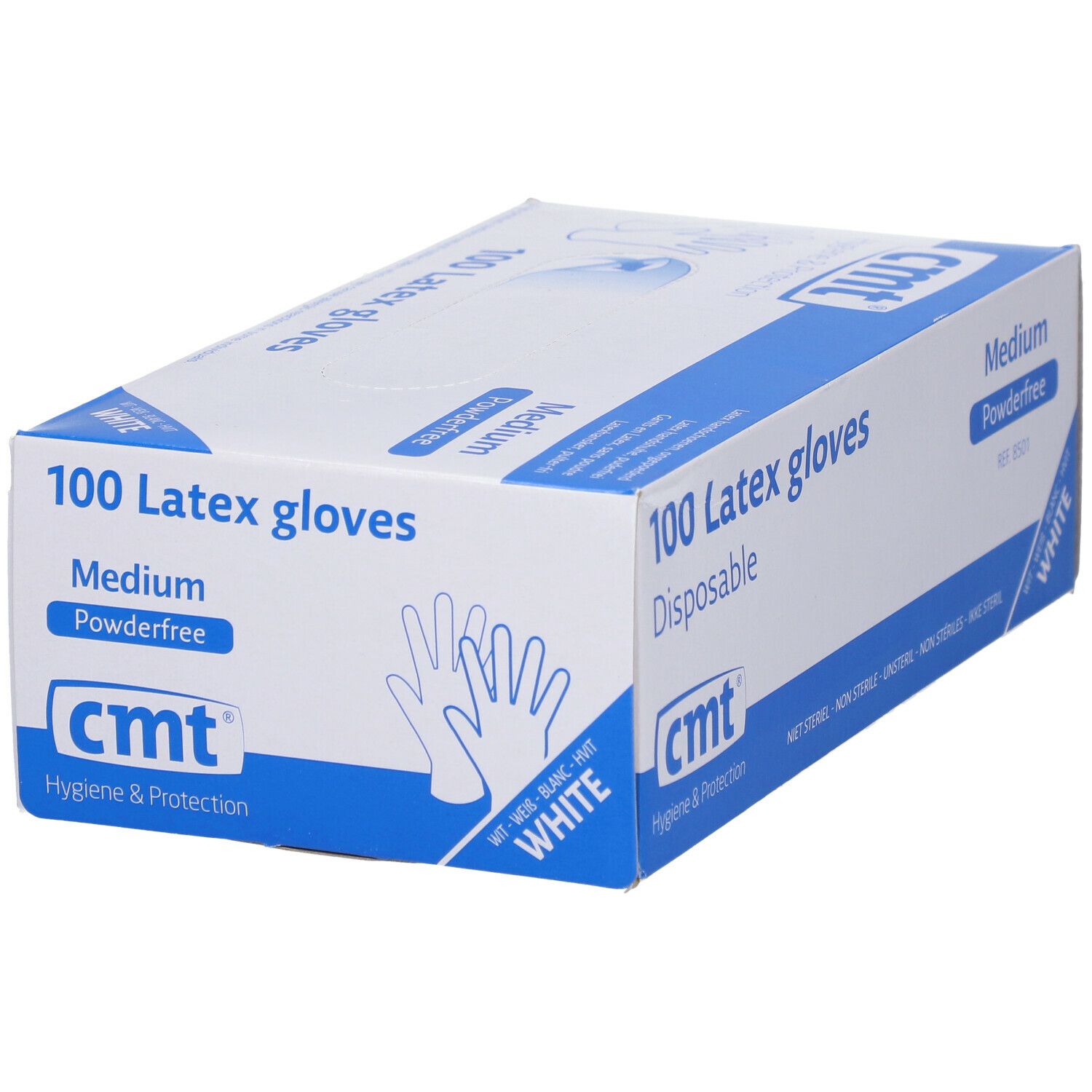 Boîte de 100 gants en latex, sans poudre, Medium, blancs. Marque cmt. Inscription: Disposable.