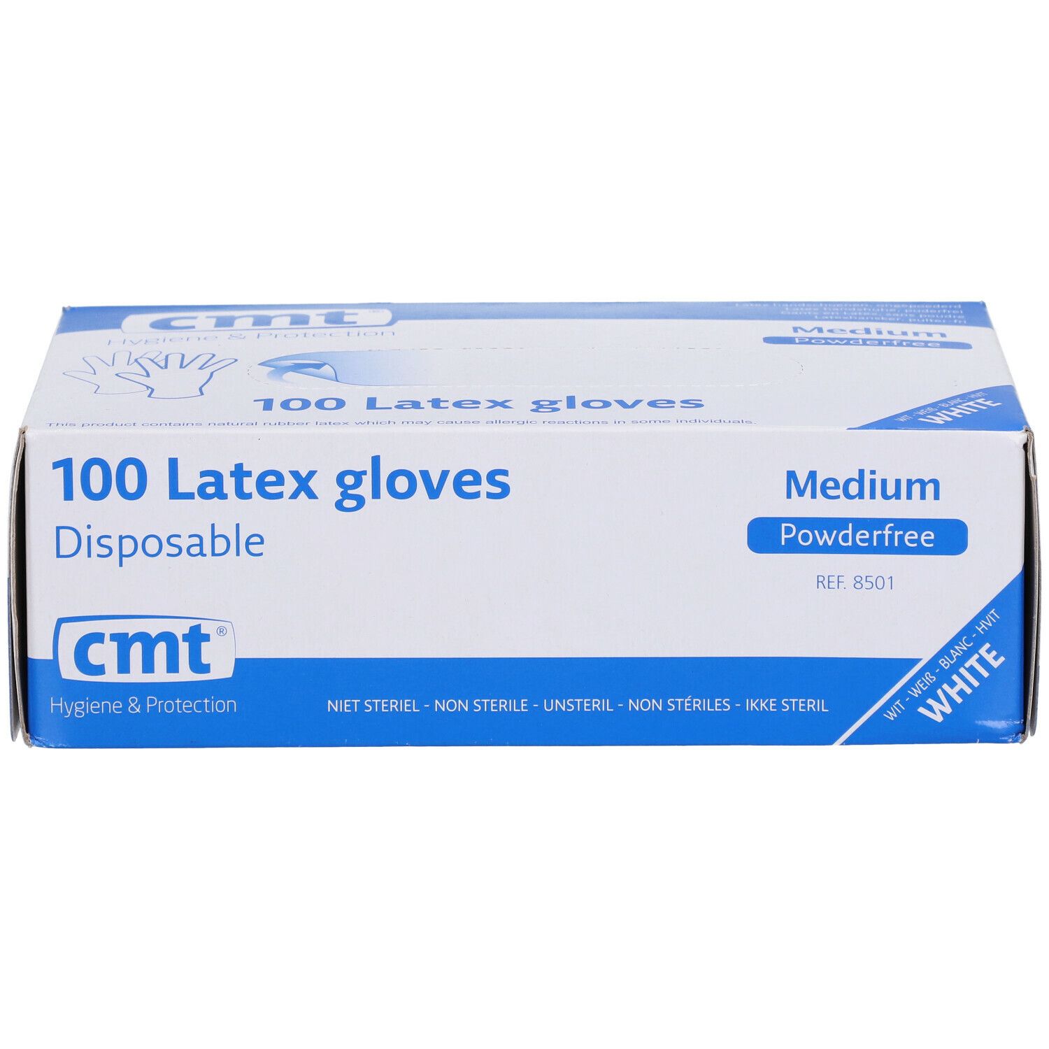 Boîte de 100 gants en latex, sans poudre, Medium, blancs. Marque cmt. Inscription: Disposable.