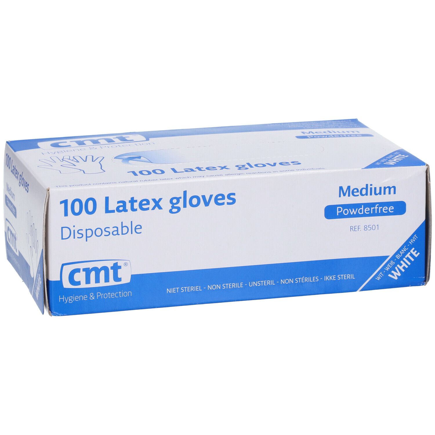 Boîte de 100 gants en latex, sans poudre, Medium, blancs. Marque cmt. Inscription: Disposable.