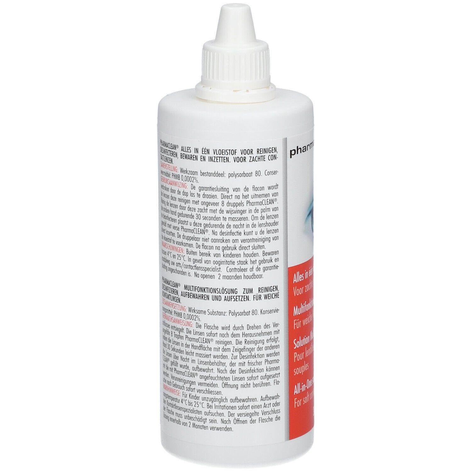 Flacon blanc PharmaClean. Texte multilingue. Vue arrière avec informations sur le contenu et l'utilisation.