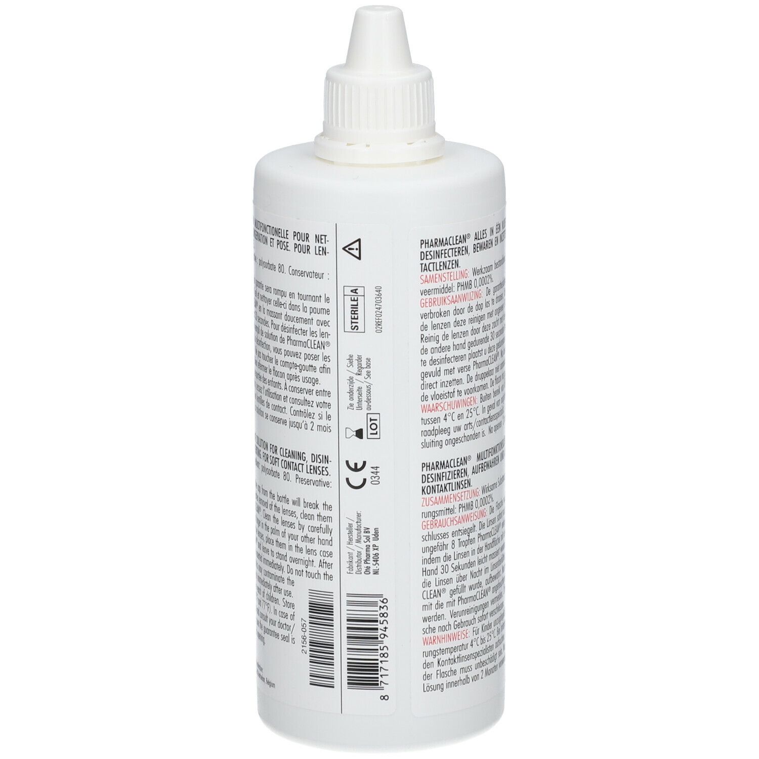 Flacon blanc PharmaClean. Texte et code-barres. Marquage CE. Informations sur l'utilisation et les ingrédients.