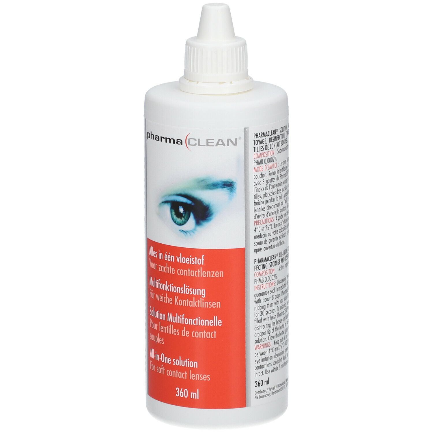 Flacon blanc PharmaClean. Texte multilingue. Vue arrière avec informations sur le contenu et l'utilisation.
