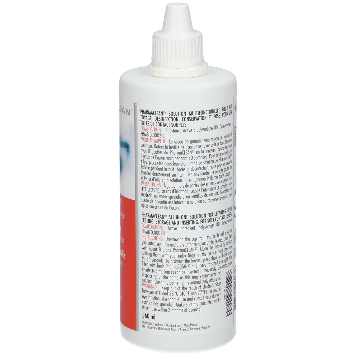 Flacon blanc PharmaClean. Texte et code-barres. Informations sur l'utilisation et les ingrédients. 360 ml.