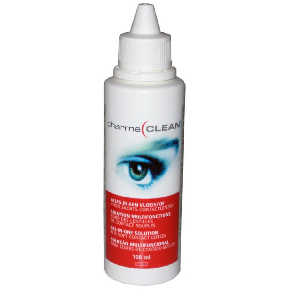 Flacon blanc avec logo PharmaClean et motif œil. Solution multifonction pour lentilles souples. Contenance 100 ml.