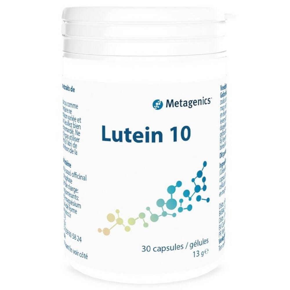 Boîte blanche avec "Lutein 10" et logo "Metagenics". Contient 30 gélules. Inscriptions multilingues.