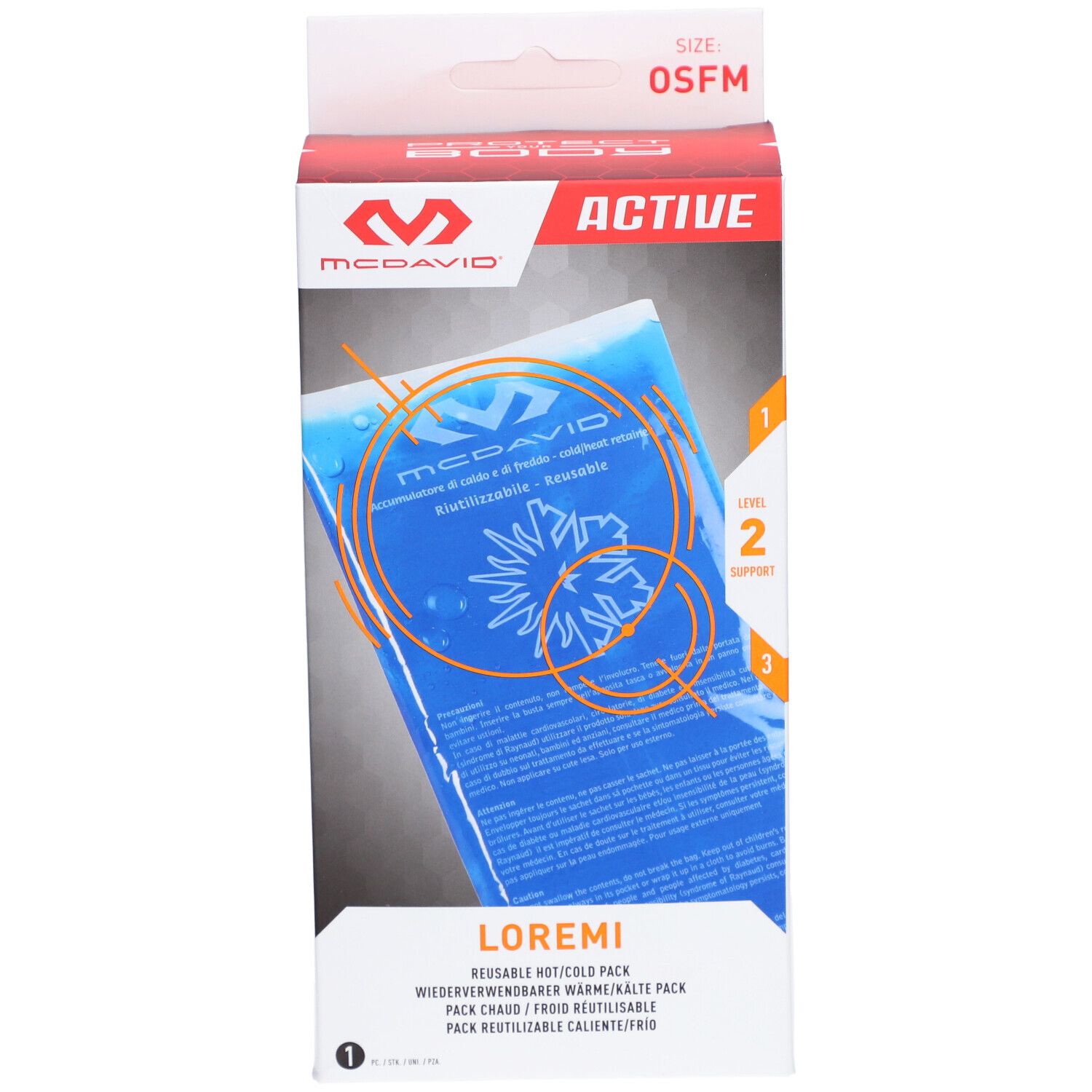 McDavid warm/koud kompres in verpakking. Blauwe gel. OSFM maat. Tekst: LOREMI, REUSABLE HOT/COLD PACK.