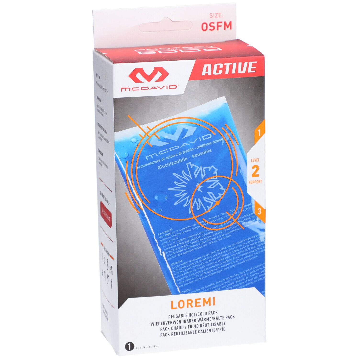 McDavid warm/koud kompres in verpakking. Blauwe gel. OSFM maat. Tekst: LOREMI, REUSABLE HOT/COLD PACK.
