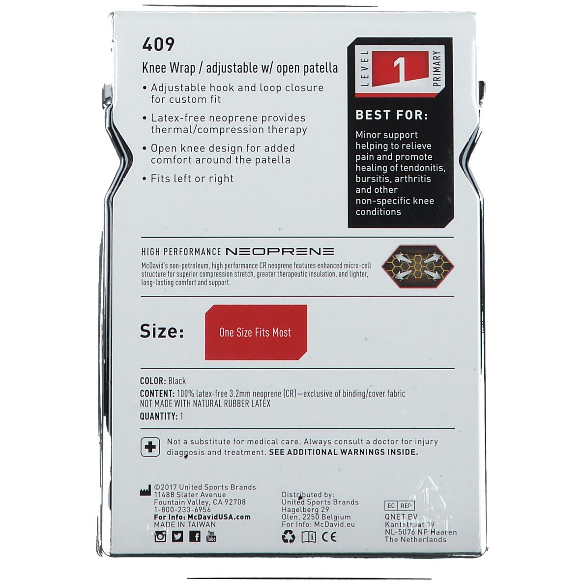 Dos de l'emballage. Informations produit : modèle 409, matériau, taille, couleur, fabricant.