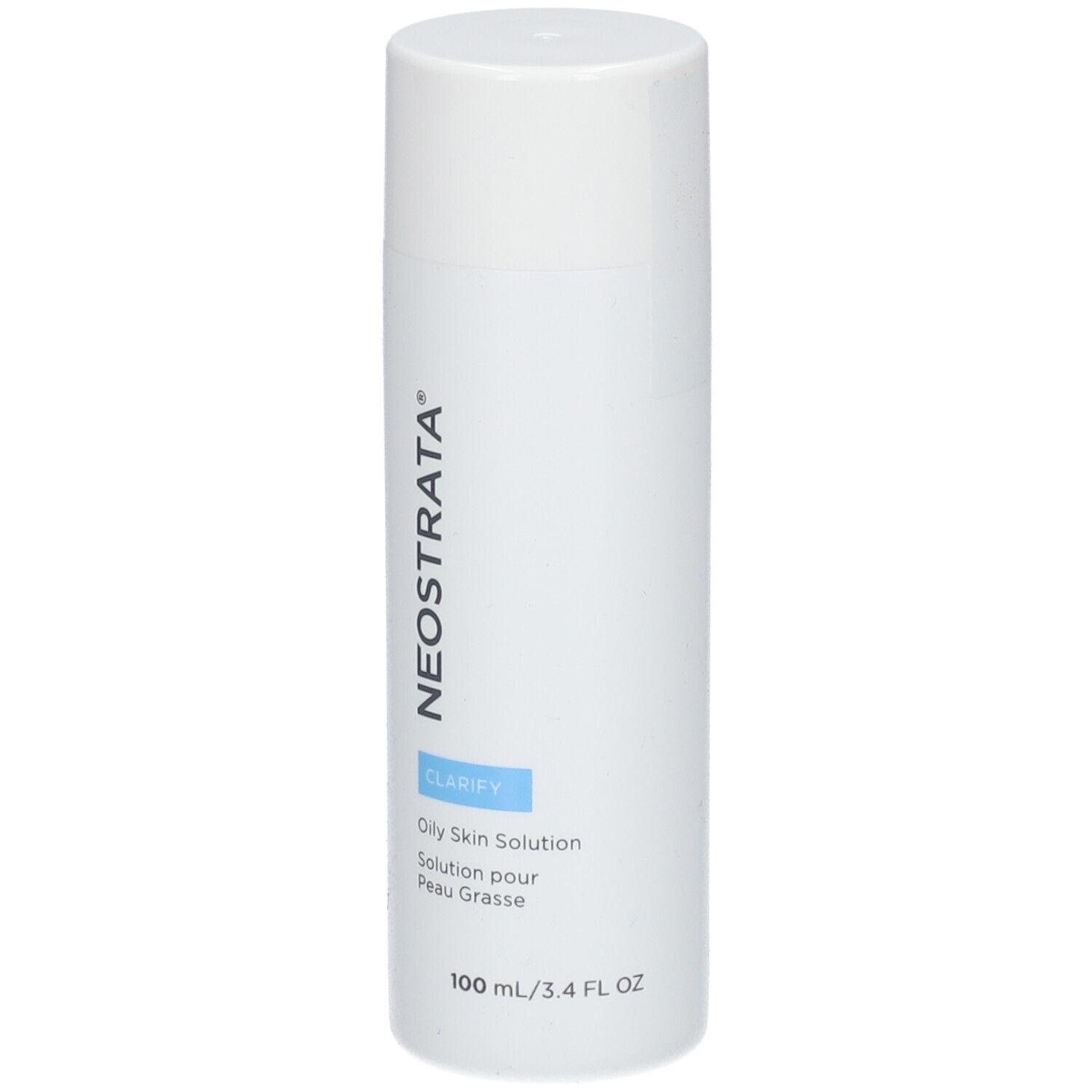 Witte fles met dop. Opschrift: NEOSRTATA, CLARIFY, Oily Skin Solution, 100 ml/3.4 FL OZ.
