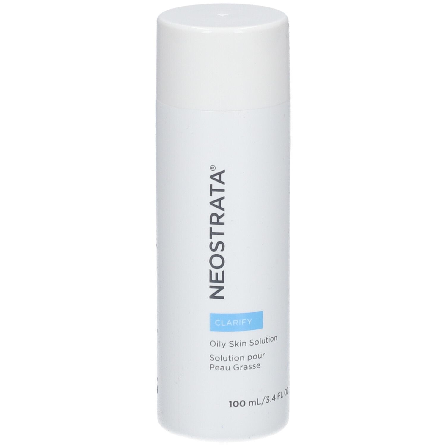 Witte fles met dop. Opschrift: NEOSRTATA, CLARIFY, Oily Skin Solution, 100 ml/3.4 FL OZ.