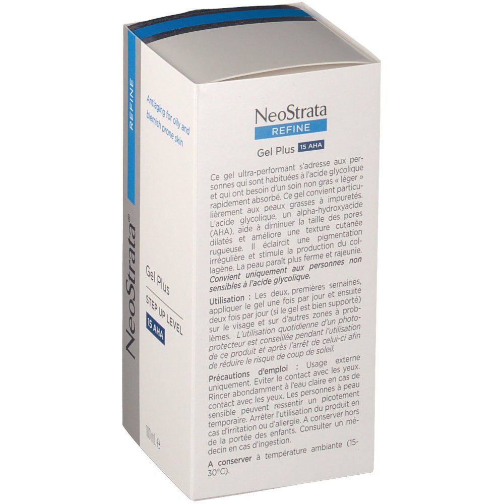Boîte en carton Neostrata Gel Plus 15 AHA. Blanche, texte bleu et noir. Contient des informations sur le produit en français.