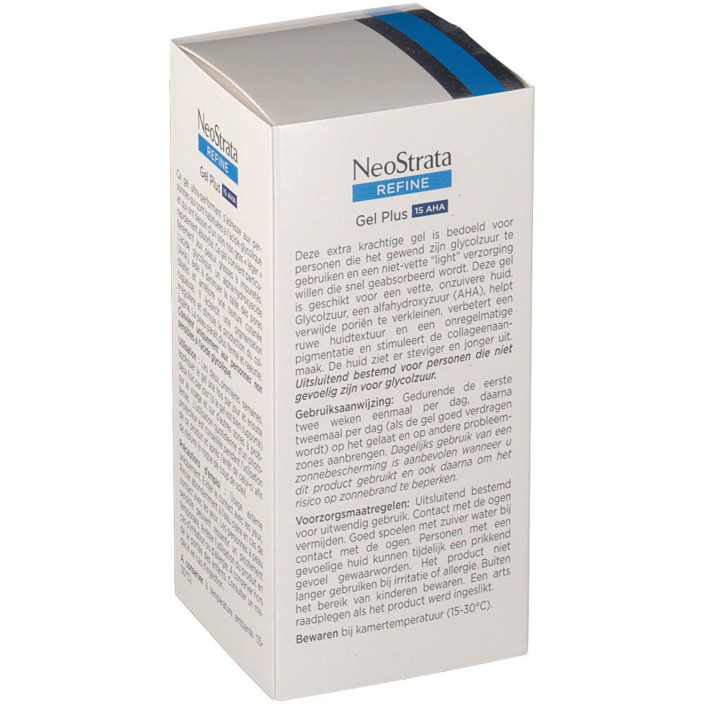 Boîte en carton Neostrata Gel Plus 15 AHA. Blanche, texte bleu et noir. Contient des informations sur le produit en néerlandais.