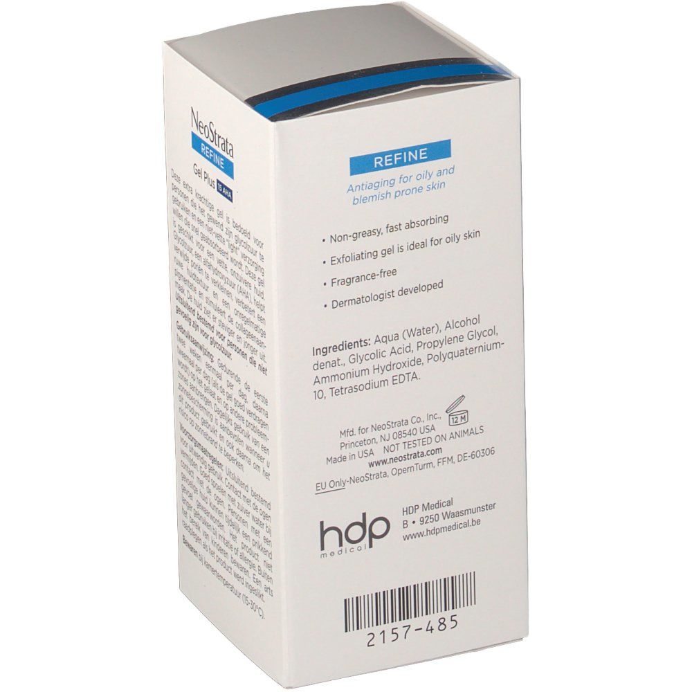 Boîte en carton Neostrata Gel Plus 15 AHA. Blanche, texte bleu et noir. Contient ingrédients et informations fabricant.