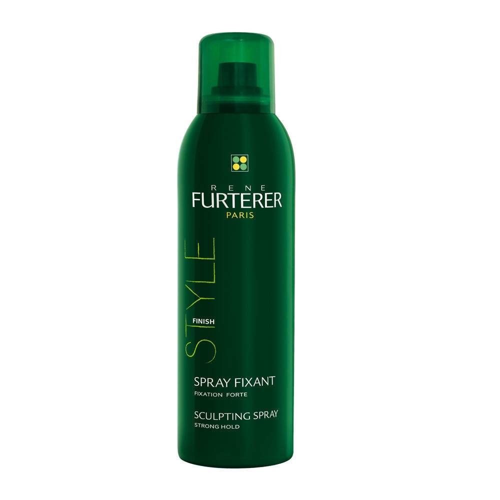 Flacon de spray vert avec bouchon vert. Inscriptions: Rene Furterer Paris, Style, Spray Fixant, Sculpting Spray.