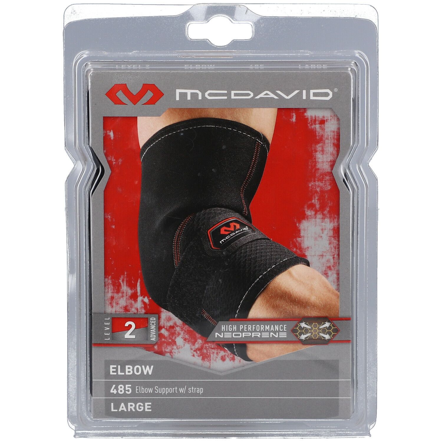 Support coude McDavid 485 noir, emballage. Niveau 2. Grand. Néoprène. Fermeture velcro.