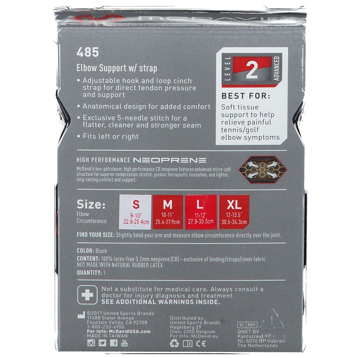 Achterkant van de verpakking. Informatie over elleboogbrace 485. Maten S-XL. Materiaal: Neopreen. Kleur: Zwart.