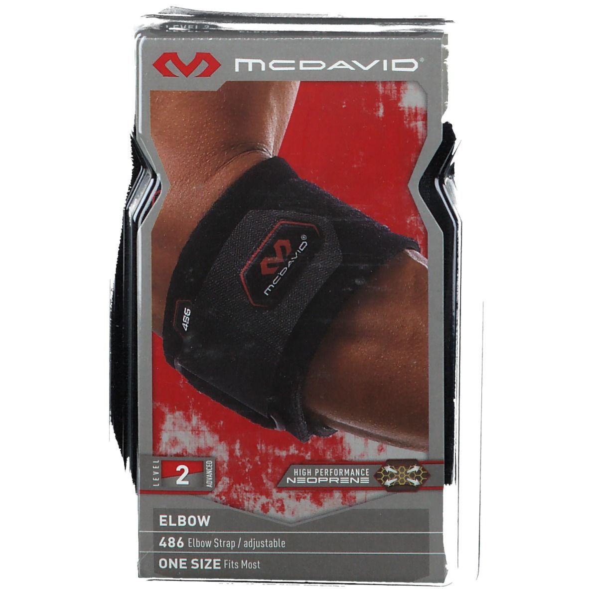 McDavid Ellenbogenschutz Level 2 in Verpackung. Schwarz, mit Klettverschluss. Level 2-Kennzeichnung.