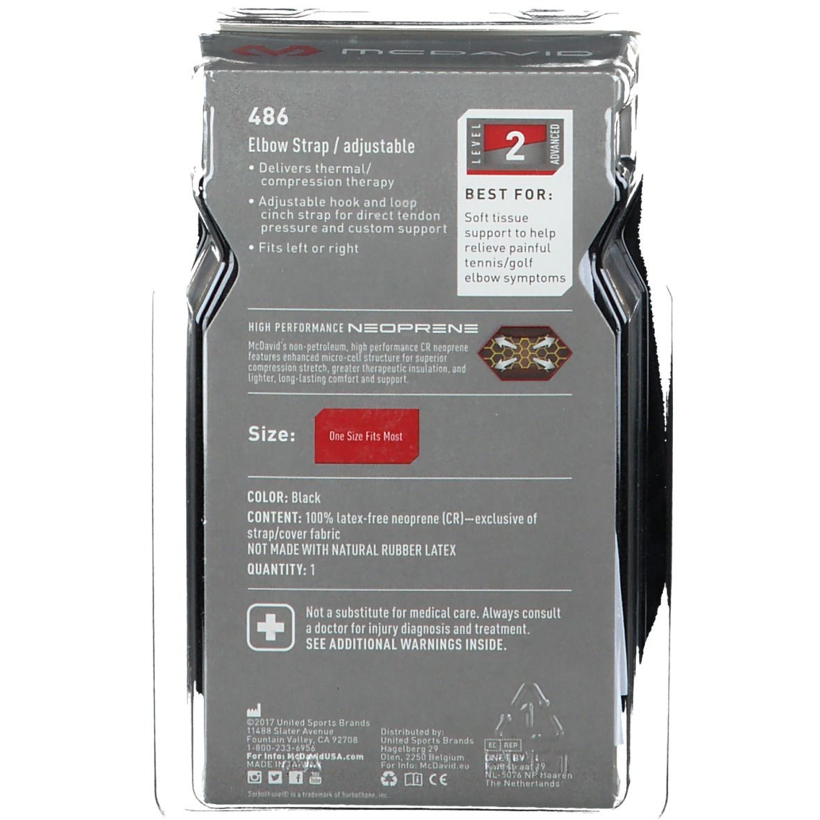 Rückseite der McDavid Ellenbogenschutz-Verpackung. Schwarze Farbe, Größenangabe: One Size Fits Most. Text.