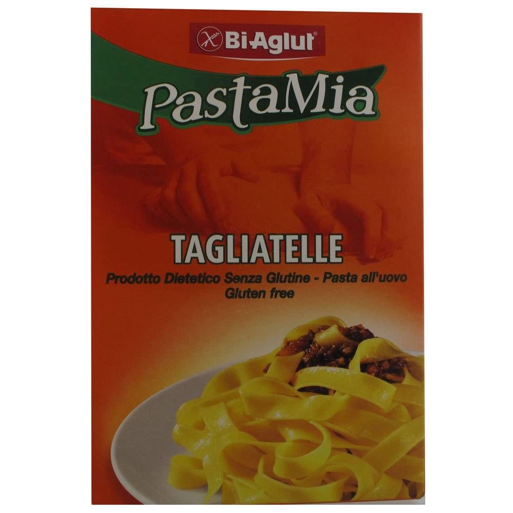 Boîte de Tagliatelles PastaMia Bi-Aglut. Inscription : Sans gluten. Illustration de pâtes avec sauce.