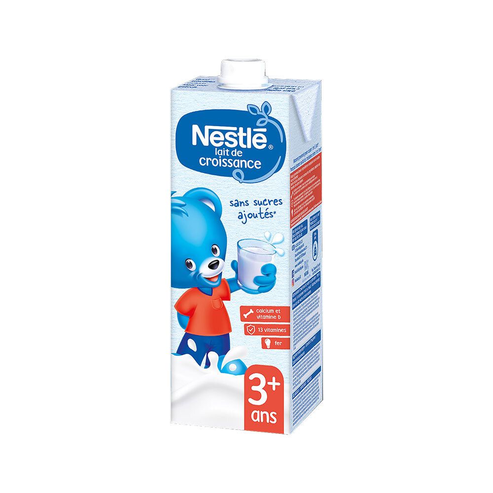 Emballage Nestlé Lait de Croissance. Emballage bleu avec logo, texte et illustrations. Sans sucres ajoutés, 10 portions.