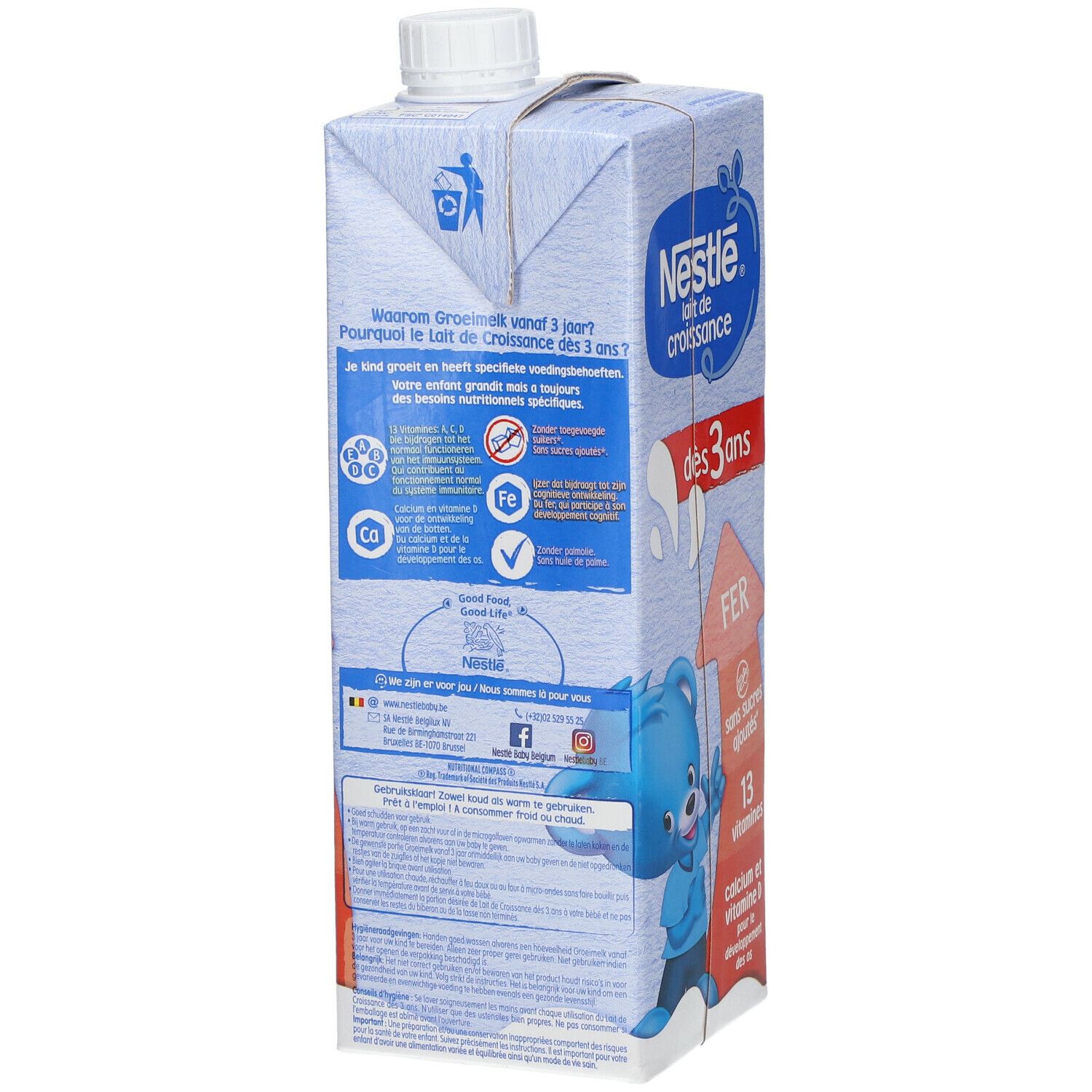 Dos de la brique Nestlé Lait de Croissance. Contient du texte, des informations nutritionnelles et des illustrations. Avec symbole de recyclage.
