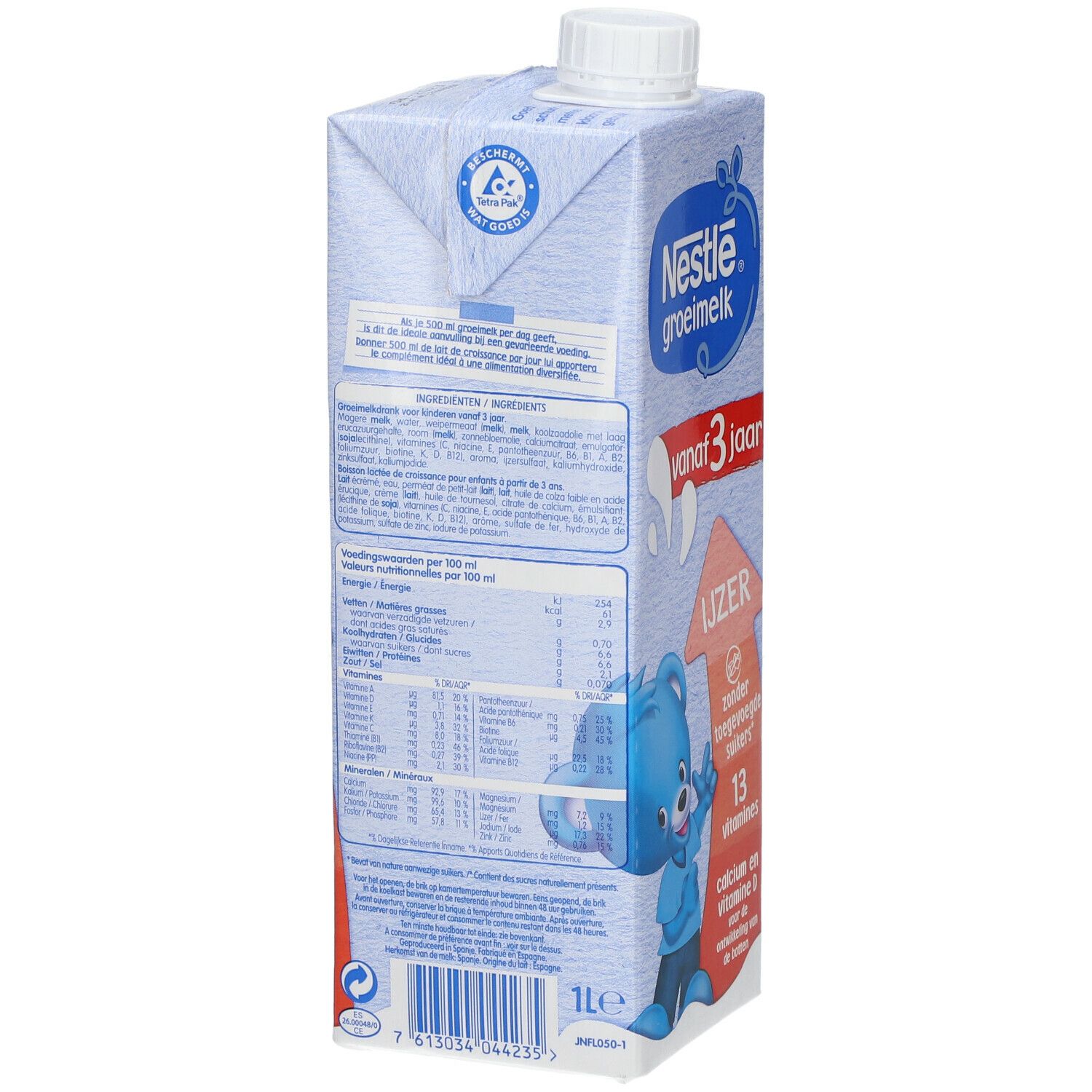 Dos de l'emballage Nestlé Groeimelk. Contient du texte, des informations nutritionnelles et des illustrations. Avec symbole de recyclage et indication 1L.